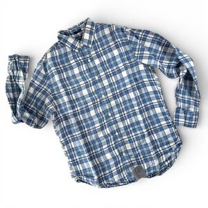 J Crew Slim Fit Linen Plaid Button Down‎ Shirt Men Medium Blue White Long Sleeve